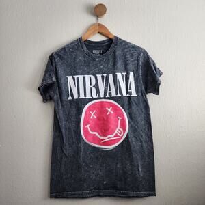 NIRVANA 1993 Live Smiley Tee Acid Wash Black Grunge Concert T-Shirt Unisex S